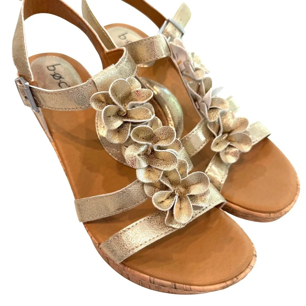 B.O.C. Wedge Floral Metallic Sandals Women 10 Gold Cork Heel Boho Feminine Party